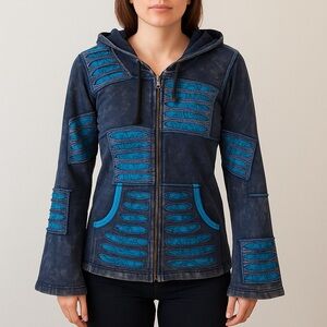 Windhorse Blue & Gray Patchwork Zip Up Hoodie Women’s Size Large Cotton Nepal